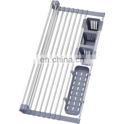 Expandable Roll Up Dish Drying Rack Up to 22.8''with 2 Storage Baskets,Over The Sink Kitchen Rolling up Dish Drainer