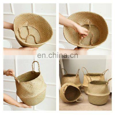 Hot Selling foldable rattan seagrass braided basket round woven shopping fruit wholesale seagrass baskets