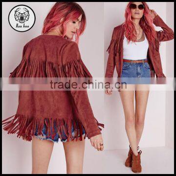 2015 Women Winter Long Sleeve Red Fringe Faux Suede Jacket