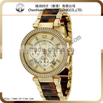 Vintage fiber resin plated gold 2014 ladies stone top brand watches new model