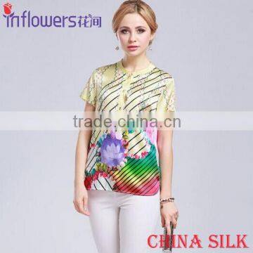 Yellow color flower printed mature women 100% silk made T-shirt