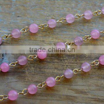 Gemstone Bead Chain Round PINK Jade Bead Chain 6mm Gemstone Bead Gold Wire Necklace Bracelet Chain Jewelry Making Supplies