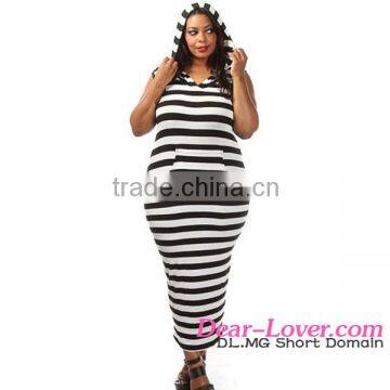 Fashionable Black White Stripe Plus Size Hooded Midi Party Dress for Fat Women