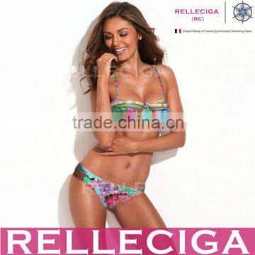 RELLECIGA Digital Floral Print Bikini Series - Longline Bandeau Top & Sexy Side Ruching Bottom Bikini Swimwear