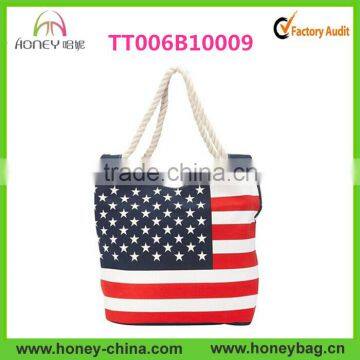 White Red Navy Canvas Cotton Strap Stars And Stripes USA Flag Tote Bag