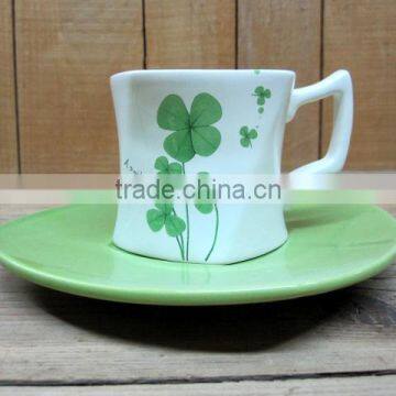 Hot sale fresh green decal ceramic coffee cup and saucer