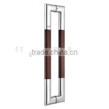 Lows price stainless steel glass door handle with wood decoration in middle