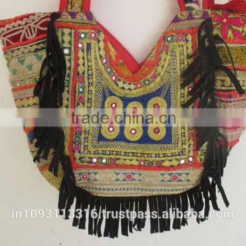 Leather Fringe Hand Bag Vintage Banjara Handbag Gypsy jari Banjara Bag