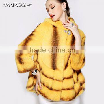 Hot Sale Yellow Cross Mink Coat With Hood Women Warm Fur Coat for Winter photo-2