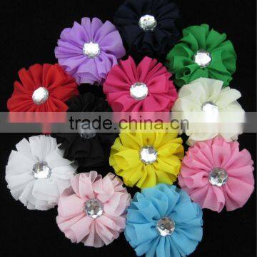 Fashion 2.4" Solid Chiffon Hair Flower with Clear Stone for Baby Hair Accessories Baby Flower Kids Hair Accessories IN STOCK