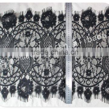 Good Price 44cm Width Polyester Floral Eyelash Black Lace Trim for Sale photo-6