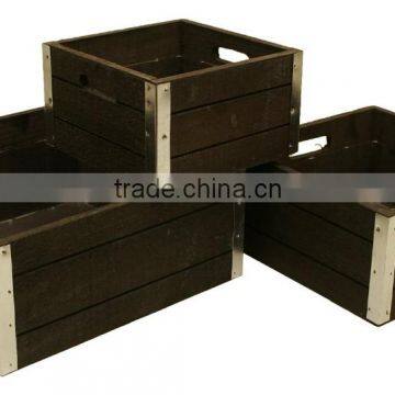 Set of 3 Wood Crates Square With Stylish Galvanized Metal Trim photo-3