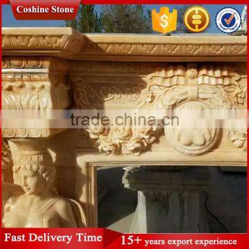 Stone Carved Marble Fireplace, Yellow Marble Fireplace Surround photo-2