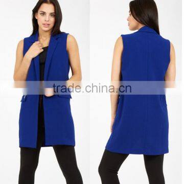 100% Polyester Sleeveless Jacket New Style Royal Blue Crepe Body Fitted Stylish Jacket For Office Work Clothing