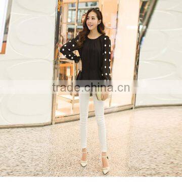 OEM lady sexy loose rose red and black chiffon dot round collar long petal sleeve blouse