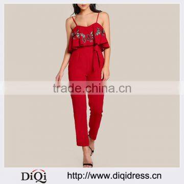 High Design Wine Red Embroidered Sleeveless With Long Pants Ladies Spaghetti Strap Sexy Jumpsuit