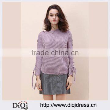 Purple Women Asymmetric Lace-up Shoulder Sweater(DQE0030TS)