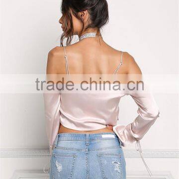 MGOO Custom Manufacturer Polyester Cropped Blouses Blush Silky Cold Shoulder Long Sleeves Satin Crop Tops photo-5