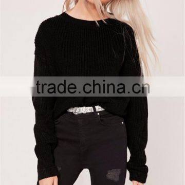 Custom Label Women Plain Black Knitwear With Drop Shoulder Loose Sweater Turn Back Cuff Cropped Jumper Black photo-3