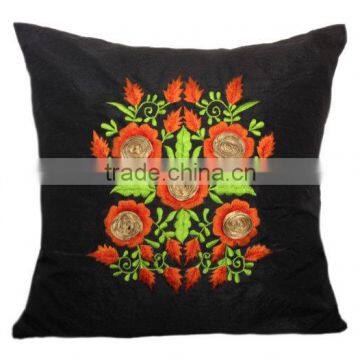 Black Pillow Cover, Decorative Pillow Cover, Floral Embroidery Pillow, Ribbon Pillow, Orange Accent Pillow, Couch Pillow, photo-4