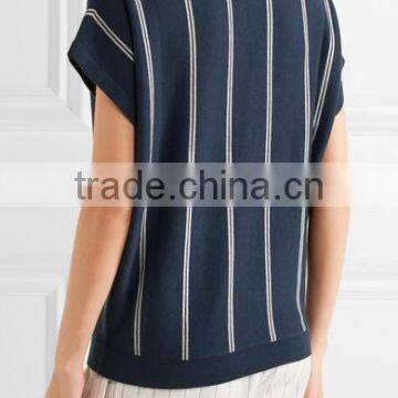 Hot Sale Navy and White Sleeveless Striped Knitted V-Neck Sweater for Women photo-3