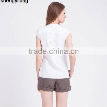 High Quality Blouse 100% Linen Shirts for Women Wholesale Short-sleeved Linen Shirt in Guangzhou photo-3