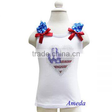 Girls Red White Blue Bling Rhinestone USA Flag Heart White Tank Top 3M-10Y