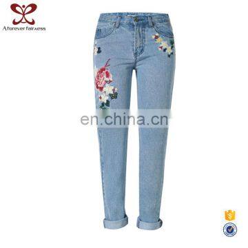 A Forever Fairness Flowers Embroidery Women Fashion Pencil Jeans Pants