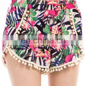 Wholesale floral palm print pom pom trim tulip shorts 2016 summer hot print shorts