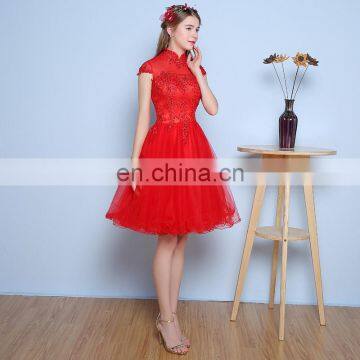 Elegant High Neck Sweet Red Capped A Line Knee-lemgth Tulle Backless Sequins Appliqued Evening Dress photo-4