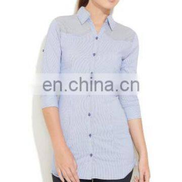 Adult Women's Strip Line Shirts Style Collar Neck Formal Front Button Style Women Blouse Top Tunic