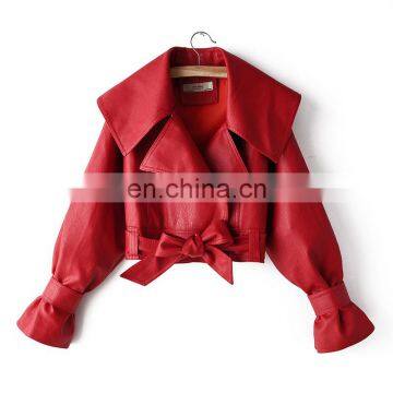 TWOTWINSTYLE Women's Jacket PU Leather Bow Long Sleeve Thick Short Females Coat 2020 photo-4