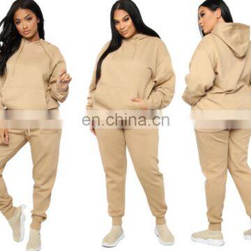 Custom logo plus size solid color sweatshirt hoodie with jogger legging suit two piece women clothing sets