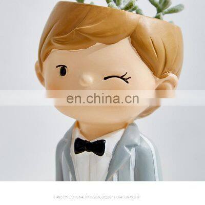Hot Green Plant Decorated Cartoon Boy Resin Flowerpot Decoration photo-5