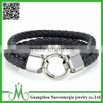 Top Selling Men's Braided PU Leather Wrap Charm Stainless Steel Clasp Bracelet