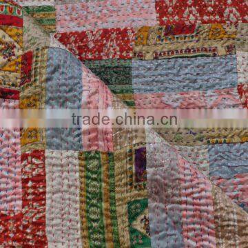 Patchwork Kantha Quilt, Handmade Kantha Silk Bedsprea