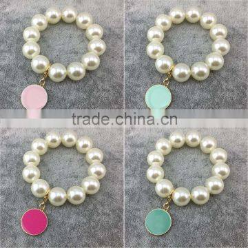 Large Pearls Stretch Bracelet With Monogrammed Enamel Charm