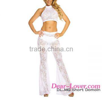 White Lace Halter Top and Bell Bottom Set formal pant suits for weddings