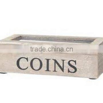 COINS WOODEN BOX WITH GLASS