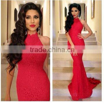 (MY1773) MARRY YOU Lace Sexy Mermaid Prom Dress 2015 Red High-neck Sleeveless Evening Gowns