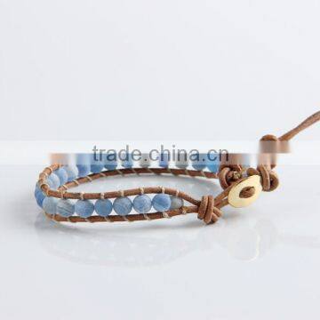 Lap Beaded Blue Frosted Agate Stone Natural Leather Bracelet for Women Party Jewelry Wholesale photo-2