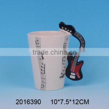 Modern design ceramic mugs,unique mug with musical note painting and guitar shaped handle