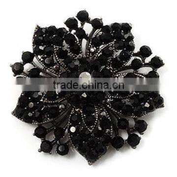 Vintage Black Rhinestones Flower Shaped Brooch Pin