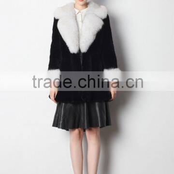 Long Style Real Rex Rabbit Fur Coat with Fox Fur Collar and Cuff for Winter Warm