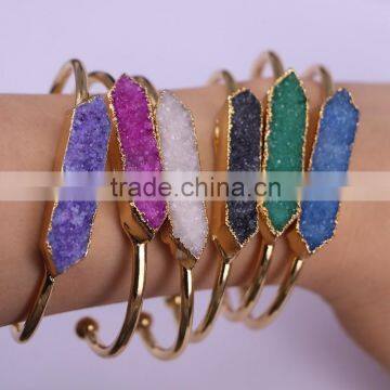 Mixed Color Quartz Stone Druzy Cuff Bangle Hexagon Bar Bangle Gold plated Drusy DRUZY Gem stone Bangle Bracelets