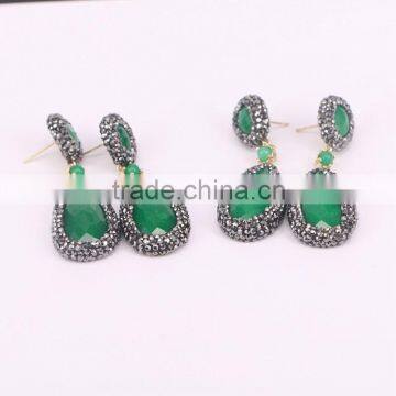 Fashion Green Malaysian Jade Stone Stud Earrings, Water Drop Pave Crystal Zircon Gem stone Druzy Earrings