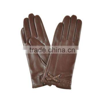 Simple style brown butterfly knot belt trim women sheepskin leather gloves