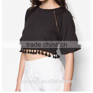 Raglan Sleeve Crop Top With Tassel Hem Women Short Sleeves Shirt