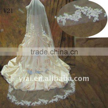 V21 Real Sample Long Beaded One Layer Lace wedding Veil 2012