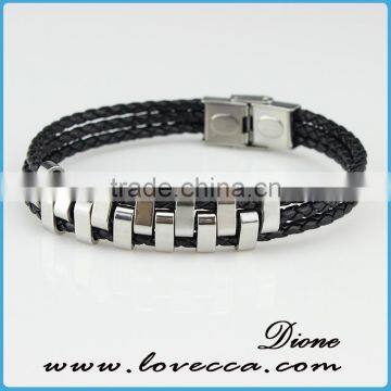 Silver Plated Stainless Steel Charms With Black Leather for Men Magnetic Bracelet